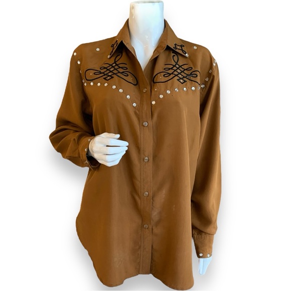 WANTED BY BEADS SILK COWGIRL BUTTON DOWN COOPER RHINESTONE  BLOUSE WOMEN S/M - Picture 1 of 9